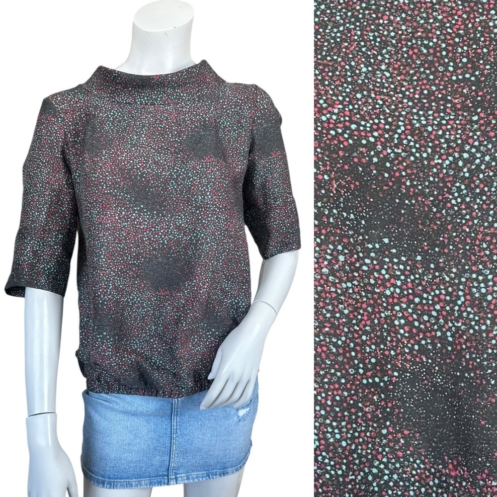 Marni Oversized Elastic Bottom Zip Back Mockneck Dot Print Silk Blend Top IT 40